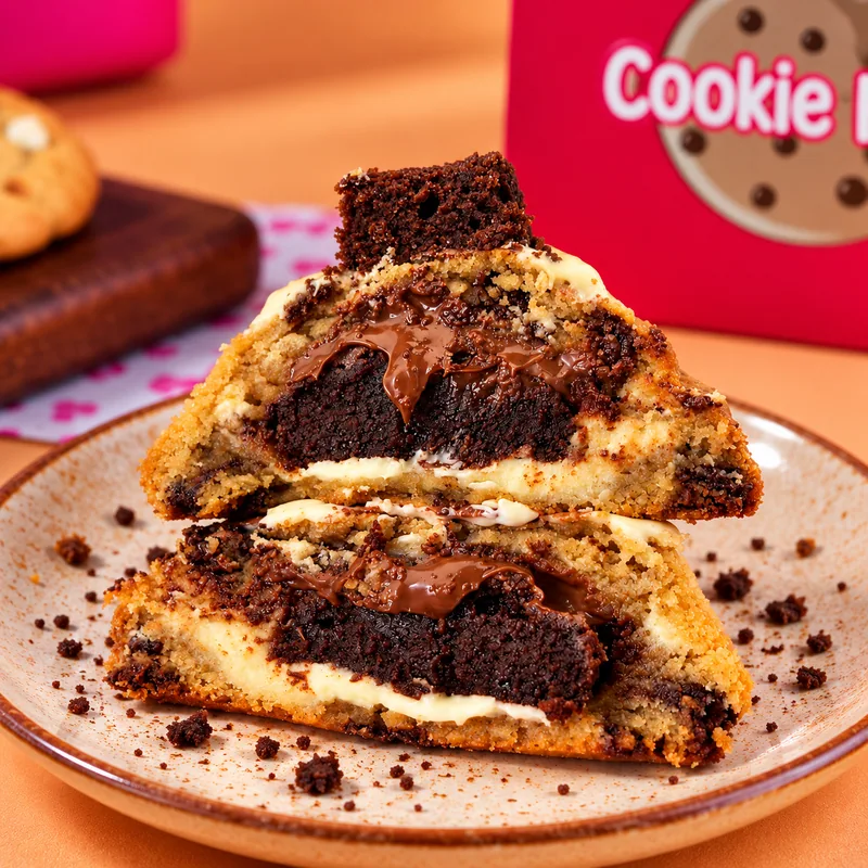 Cookie Choco Brownie aberto com brownie e recheio de chocolate